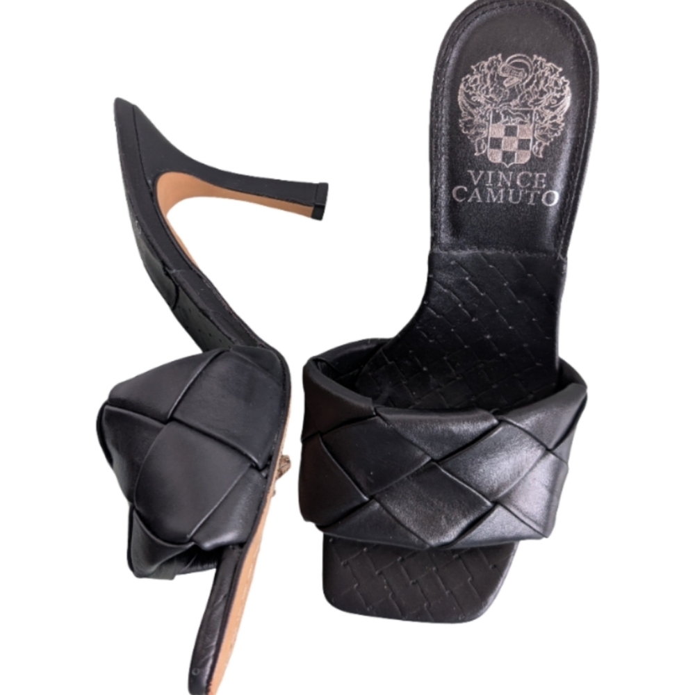 Vince Camuto Brelaine Black Leather Woven Slide Sandals Heels Size 6.5 Excellent - Picture 7 of 9